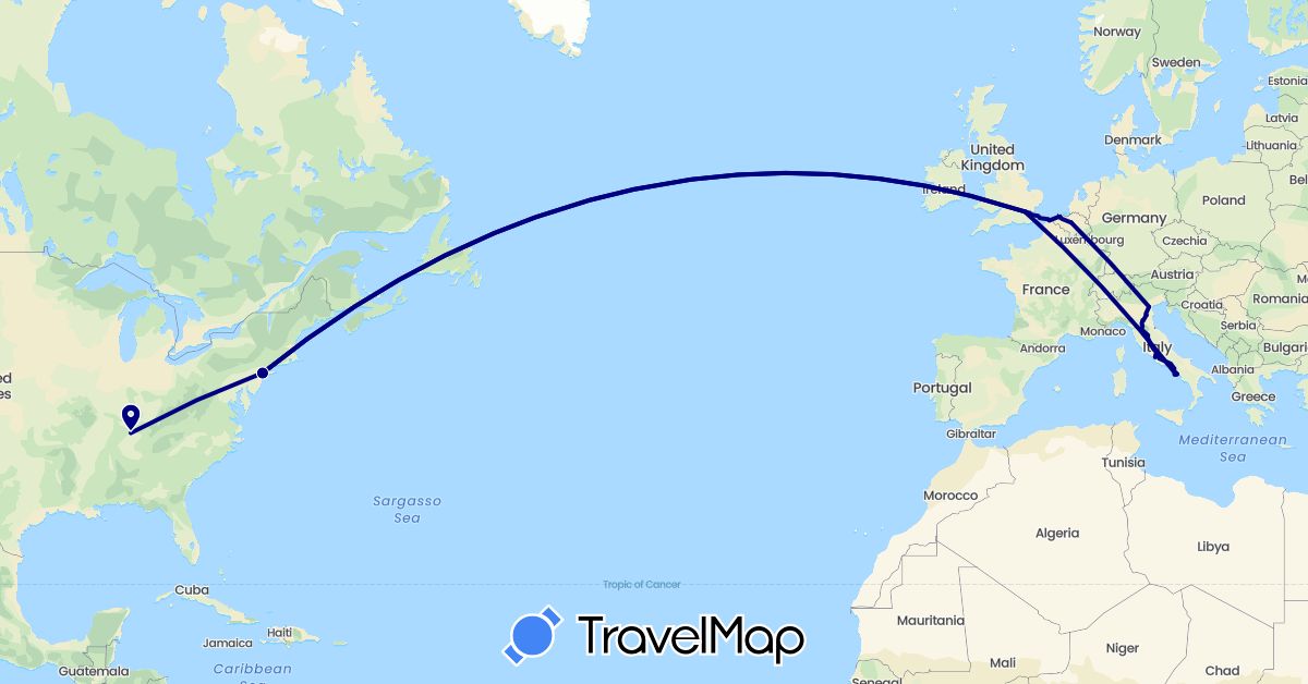 TravelMap itinerary: driving in Belgium, United Kingdom, Italy, United States (Europe, North America)